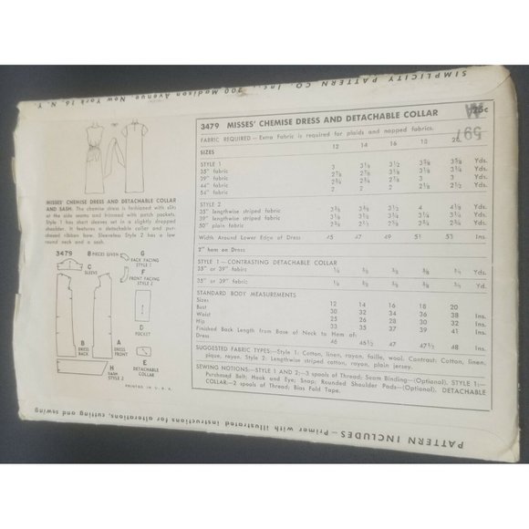 Simplicity 1951 Chemise Dress Sash Belt Sewing Pattern #3479 Size 16 - Picture 3 of 3